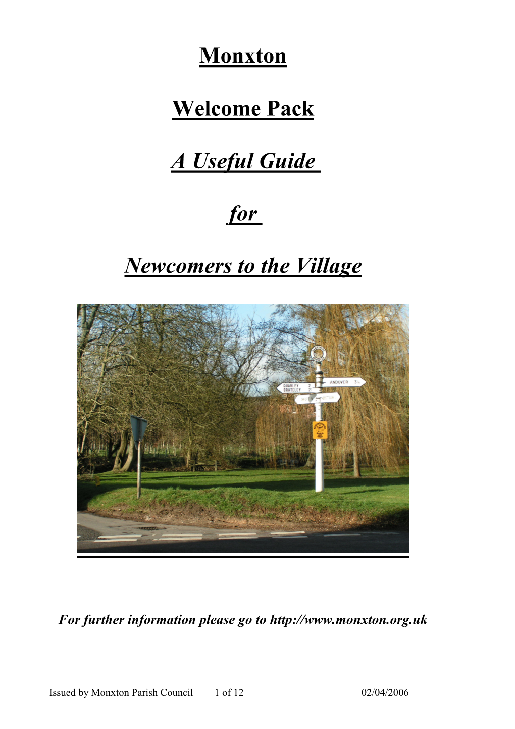 Monxton Welcome Pack a Useful Guide for Newcomers to the Village