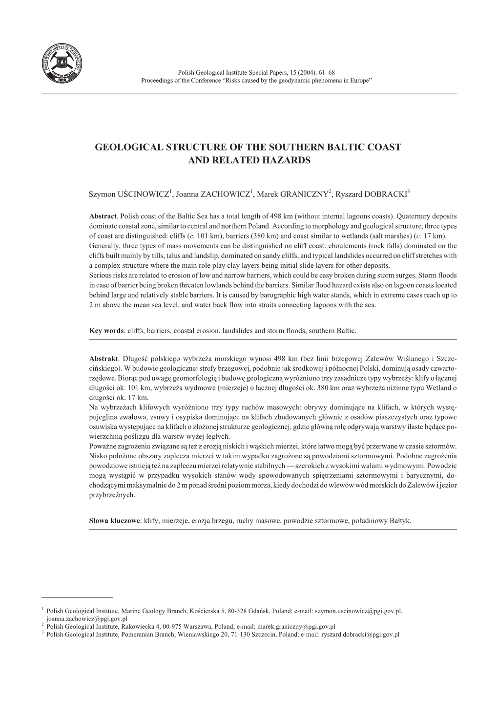 Geological Structure of the Southern Baltic Coast and Related Hazards