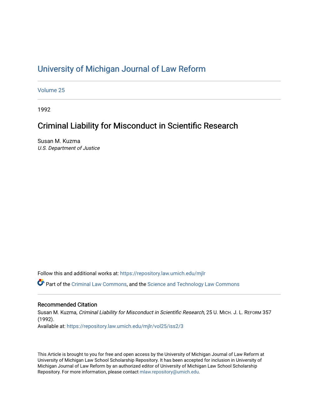 Criminal Liability for Misconduct in Scientific Research