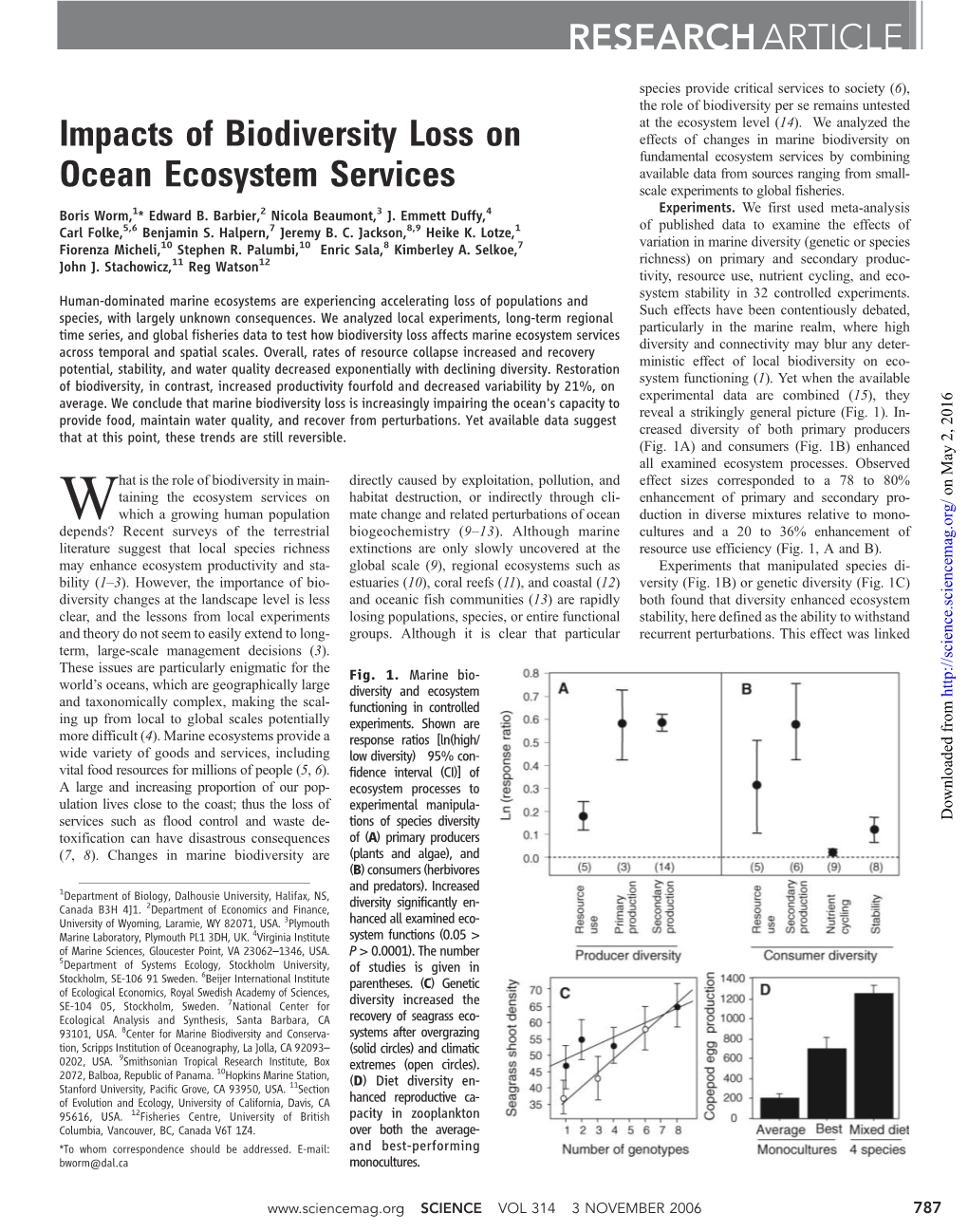 Impacts of Biodiversity Loss on Ocean Ecosystem Services RESEARCHARTICLE