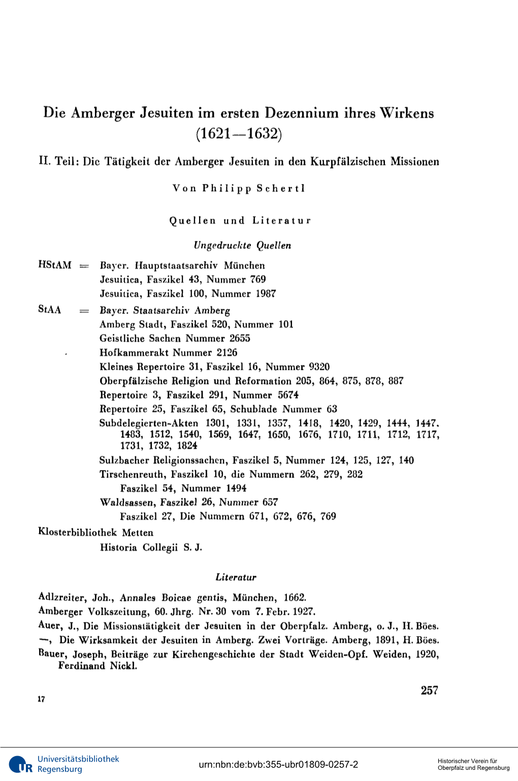 Die Amberger Jesuiten Im Ersten Dezennium Ihres Wirkens (1621—1632)