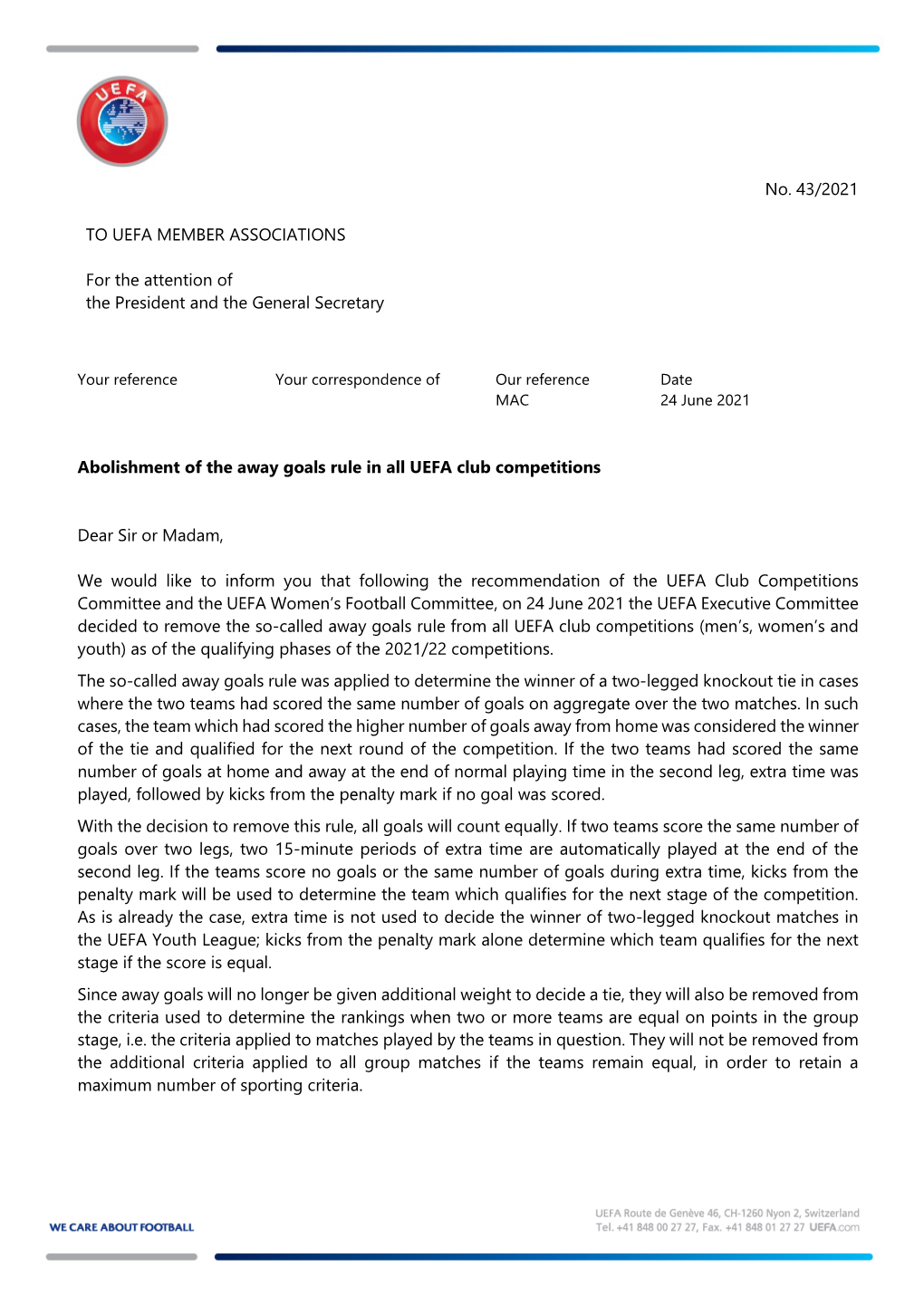 Abolishment of the Away Goals Rule in All UEFA Club Competitions