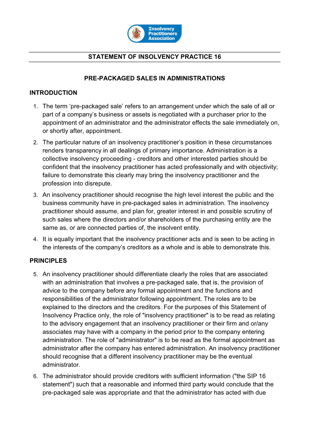 Statement of Insolvency Practice 16 Pre-Packaged Sales In