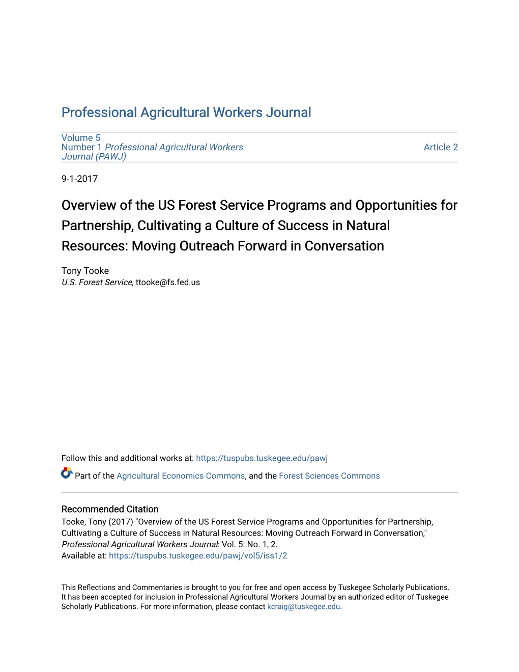 Overview of the US Forest Service Programs and Opportunities For