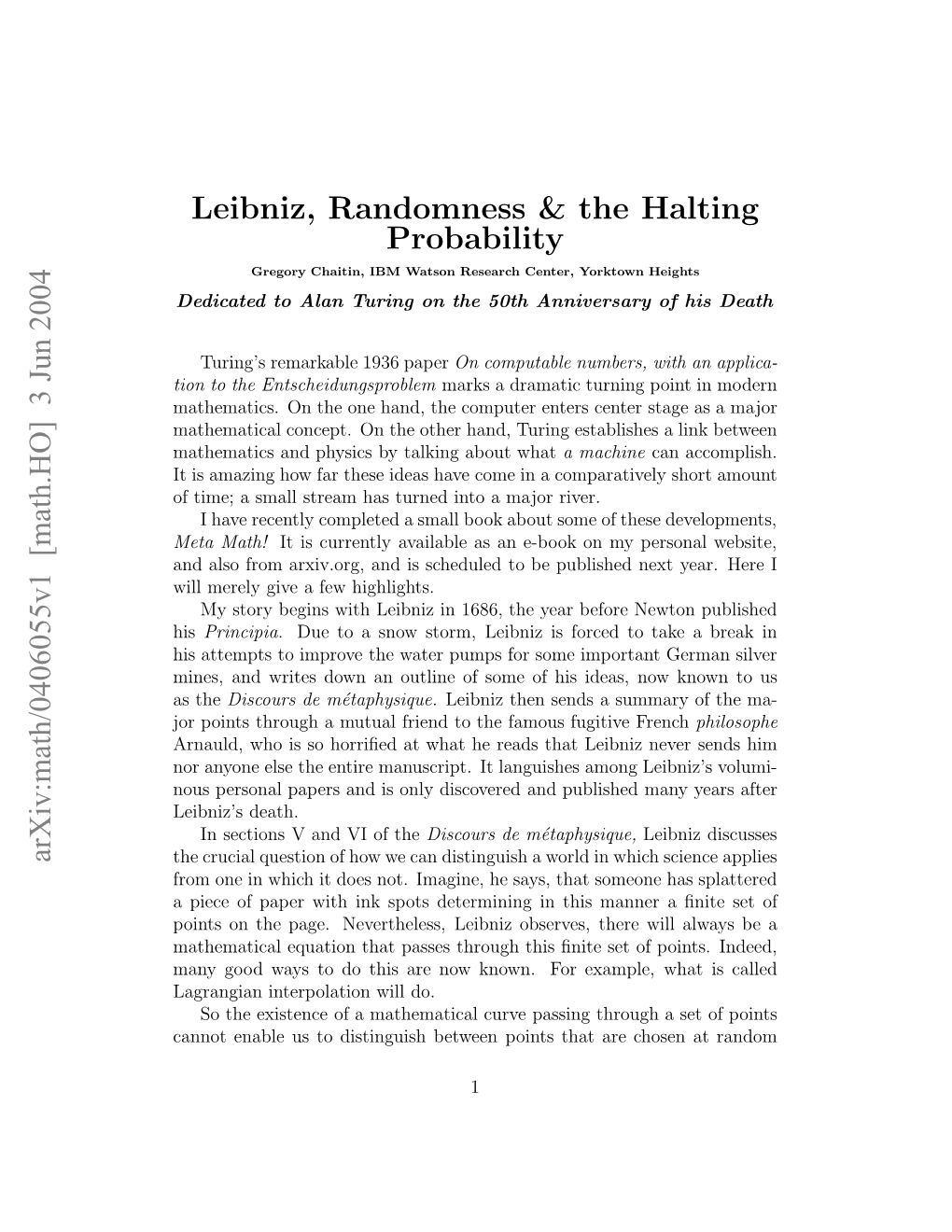 [Math.HO] 3 Jun 2004 Leibniz, Randomness & the Halting Probability