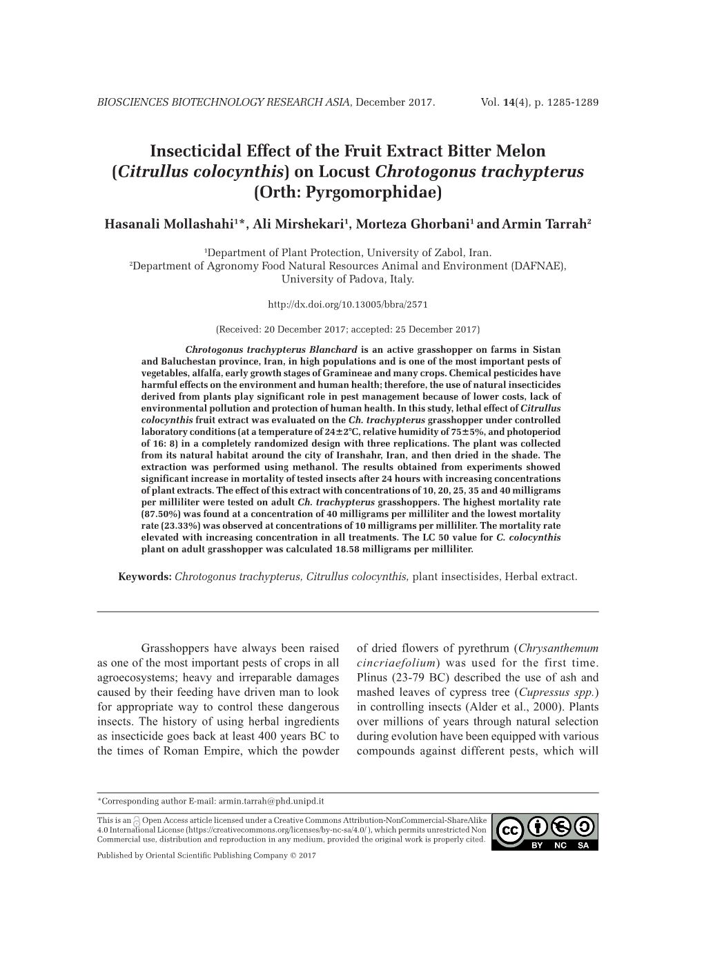 Insecticidal Effect of the Fruit Extract Bitter Melon (Citrullus Colocynthis) on Locust Chrotogonus Trachypterus (Orth: Pyrgomorphidae)