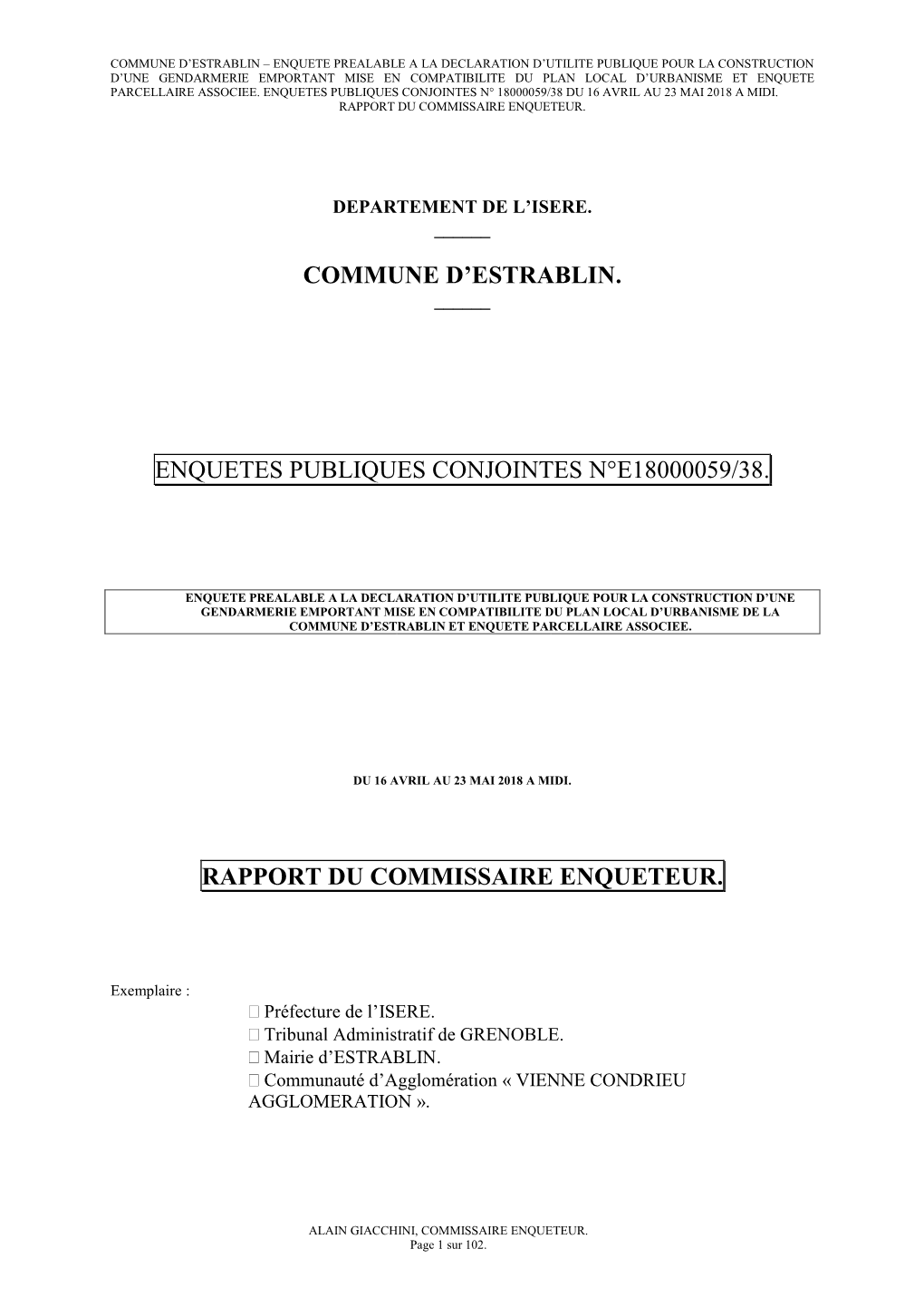 Commune D'estrablin. Enquetes Publiques