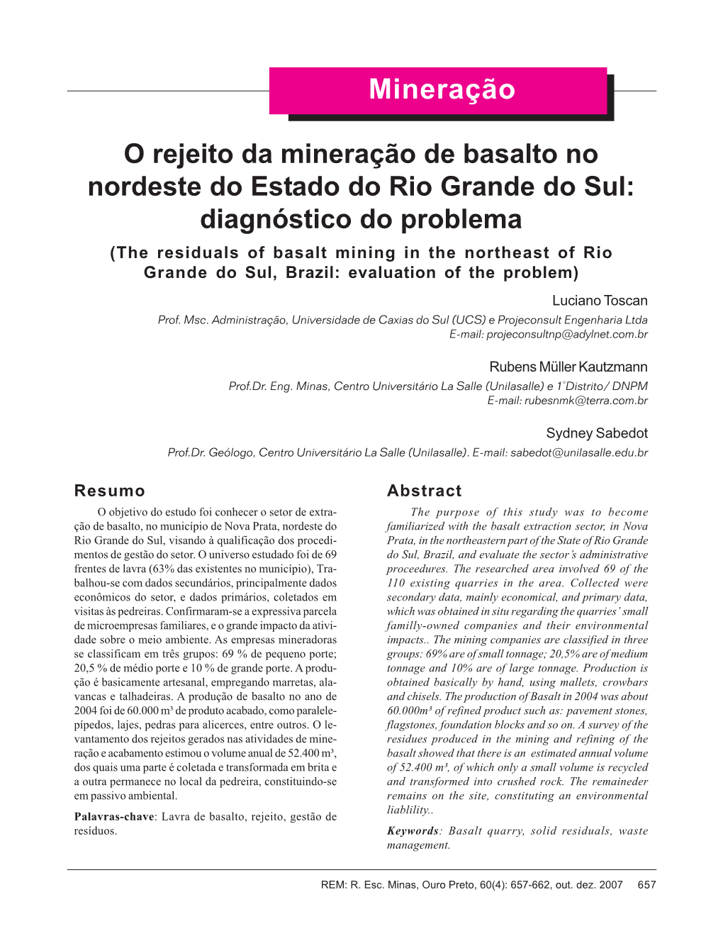 O Rejeito Da Mineração De Basalto No Nordeste Do Estado Do Rio Grande