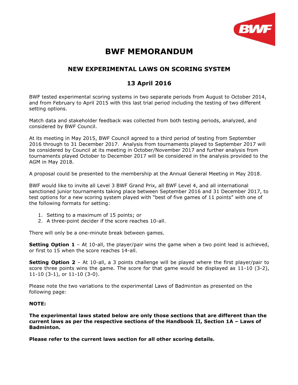 Bwf Memorandum