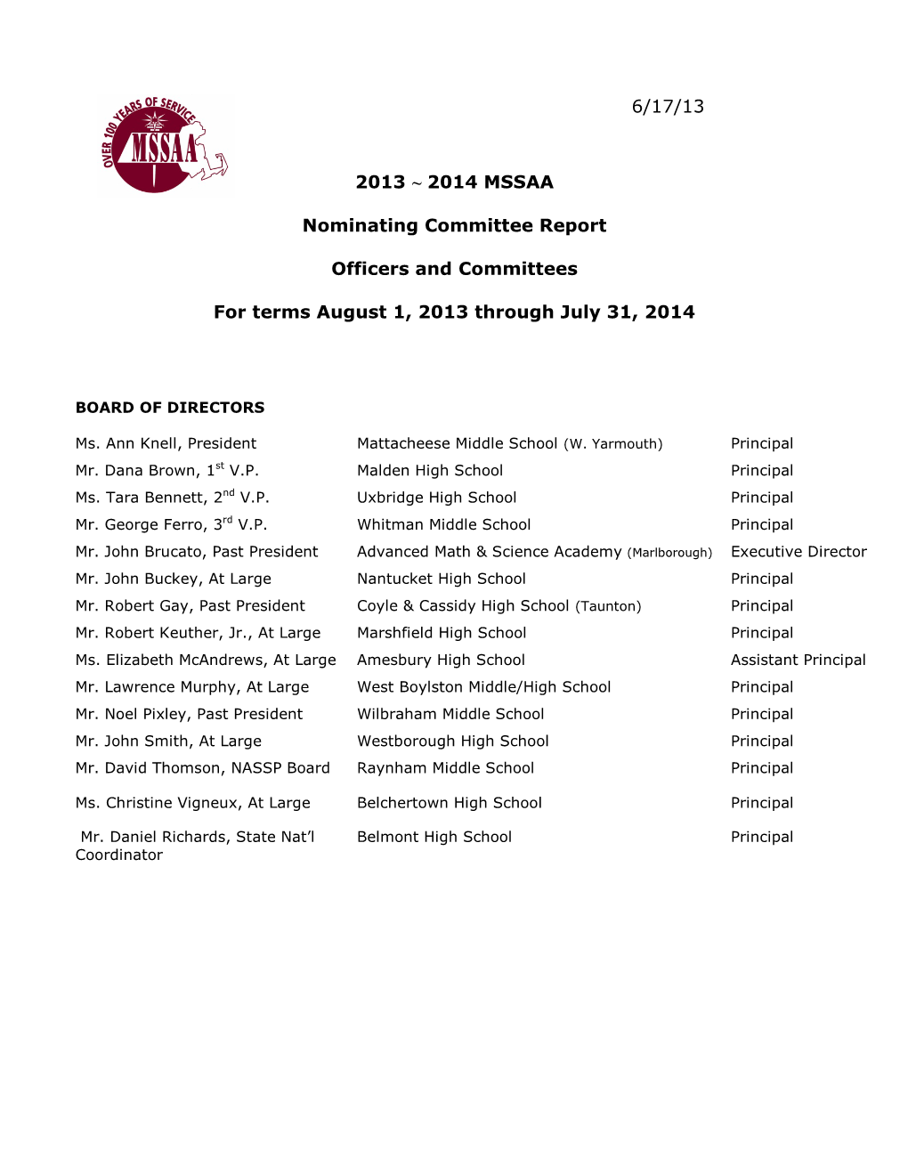 6/17/13 2013 ~ 2014 MSSAA Nominating Committee Report