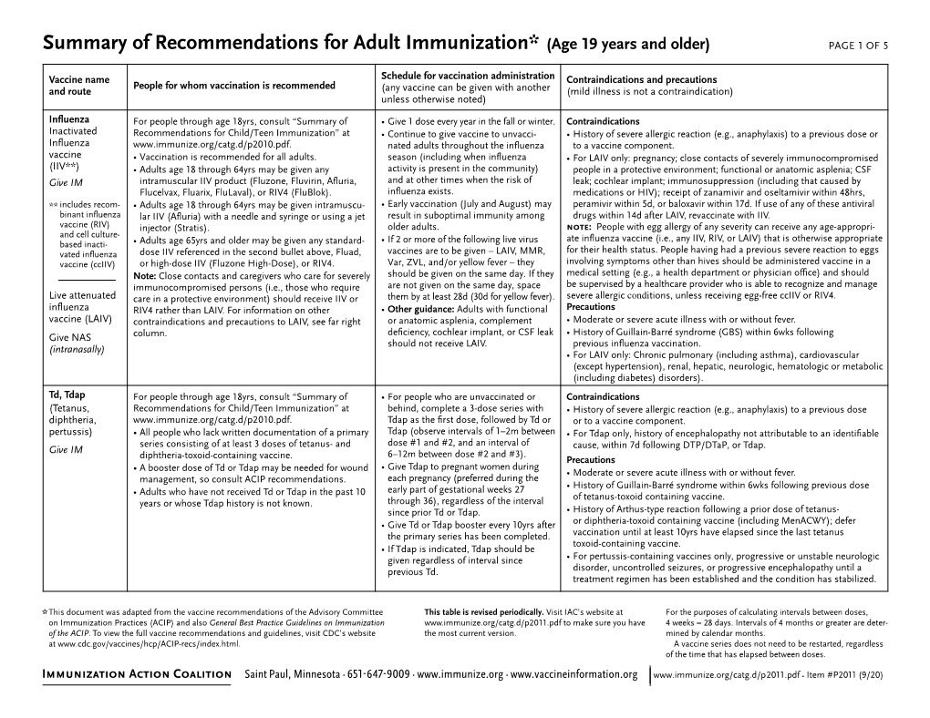 Summary of Recommendations for Adult Immunization* (Age 19 Years and Older) PAGE 1 of 5