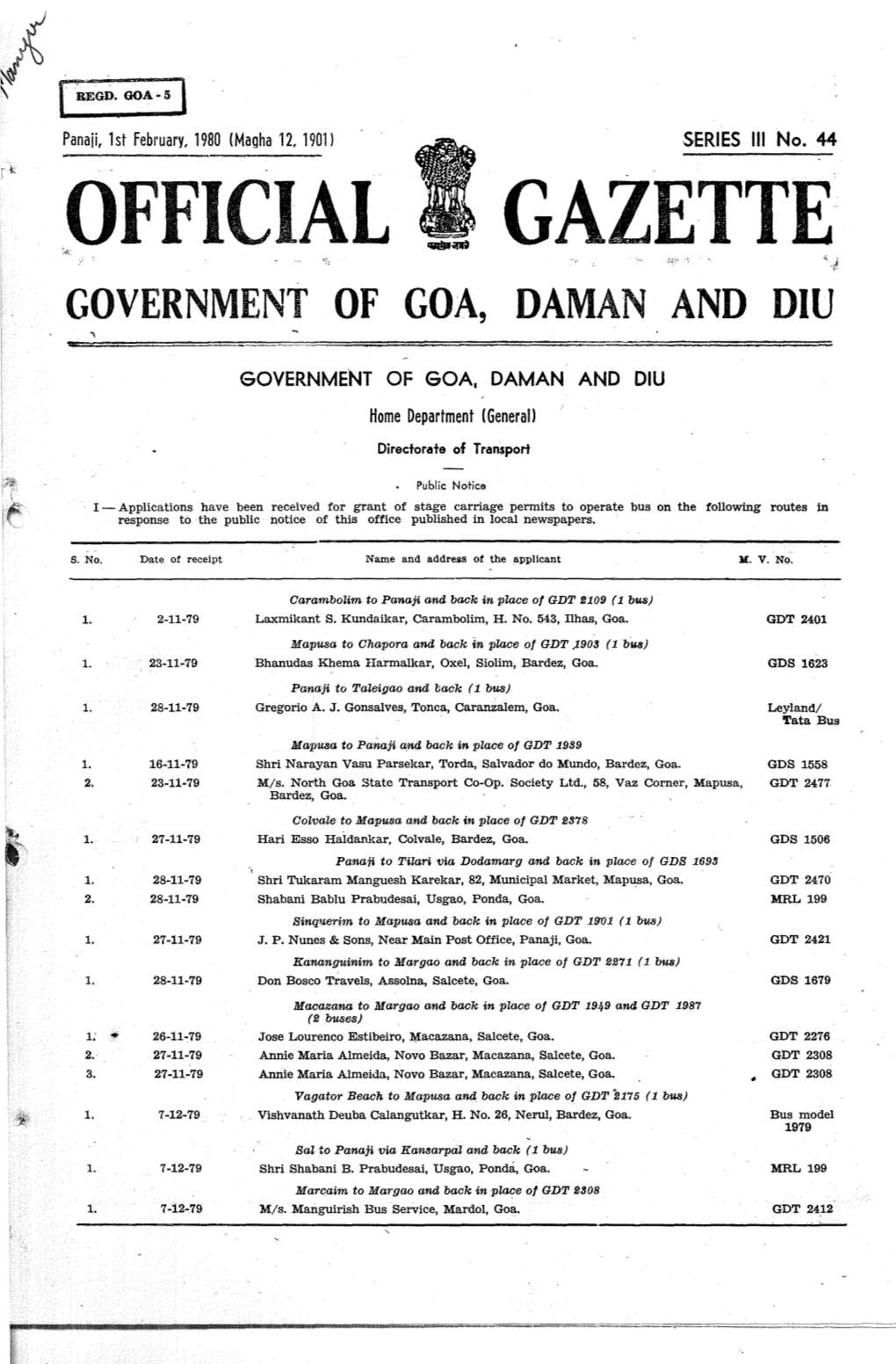 Official Gazette Government of Goa, Daman and Diu