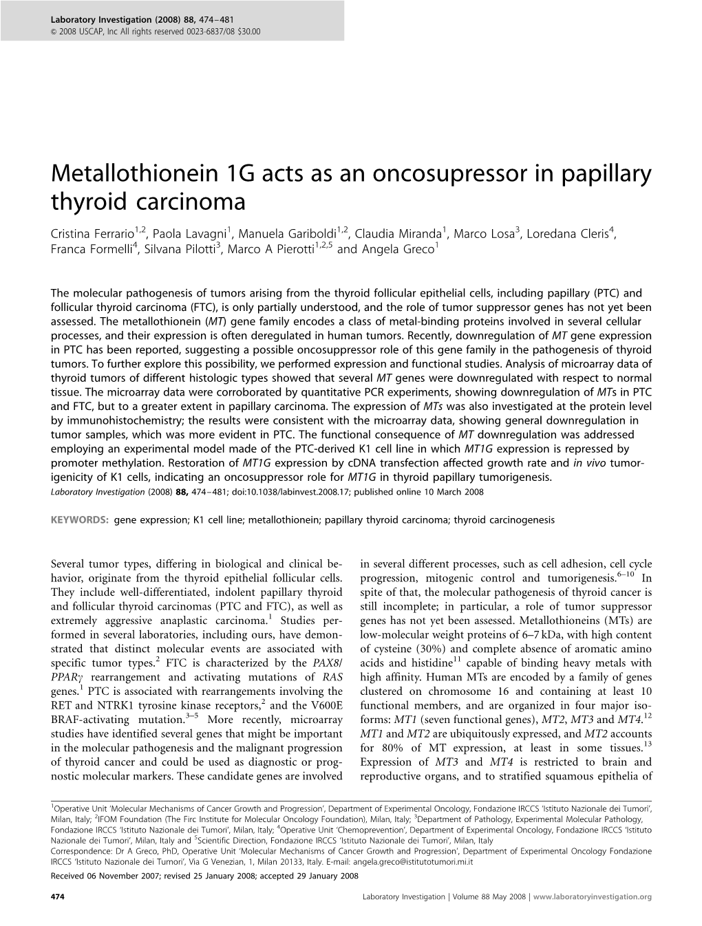 Metallothionein 1G Acts As an Oncosupressor in Papillary Thyroid