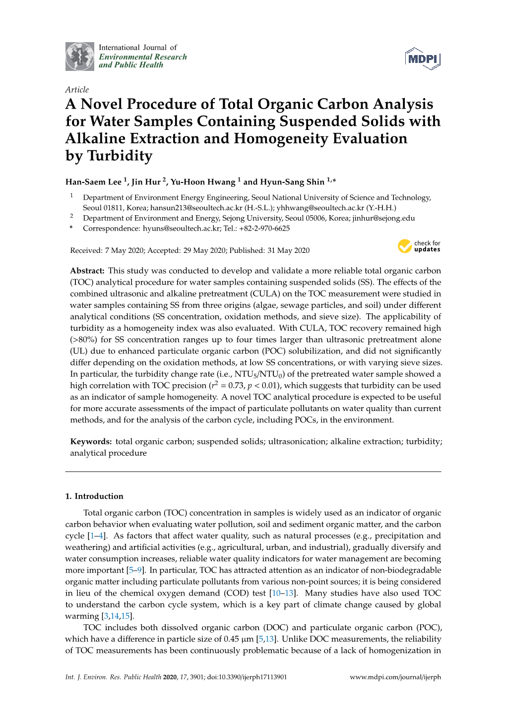 A Novel Procedure of Total Organic Carbon Analysis for Water Samples Containing Suspended Solids with Alkaline Extraction and Homogeneity Evaluation by Turbidity