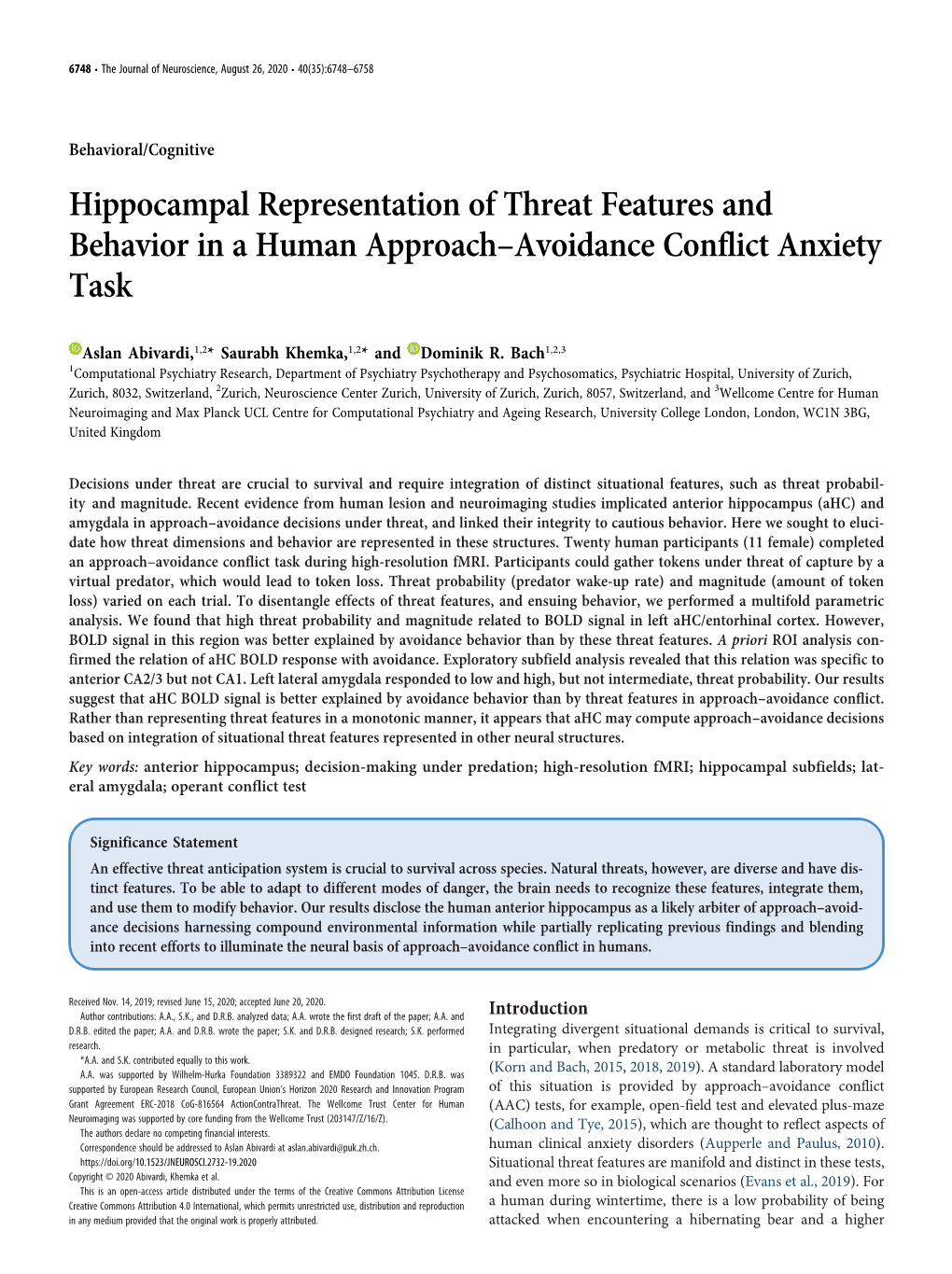 Hippocampal Representation of Threat Features and Behavior in a Human Approach–Avoidance Conflict Anxiety Task