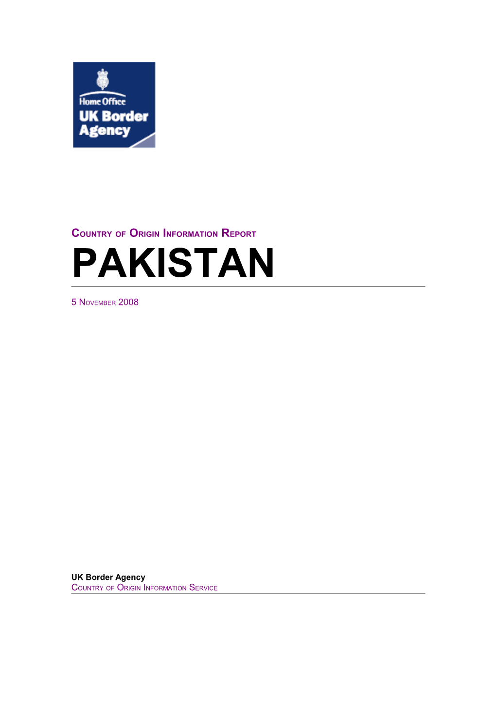 Country of Origin Information Report Pakistan November 2008