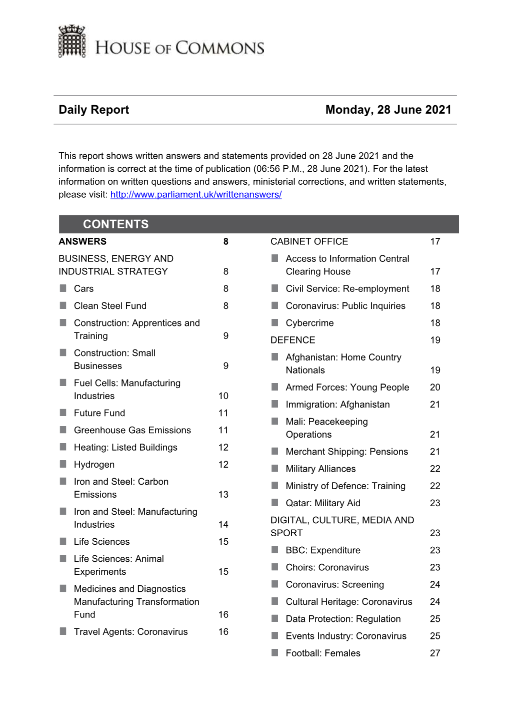 Daily Report Monday, 28 June 2021 CONTENTS