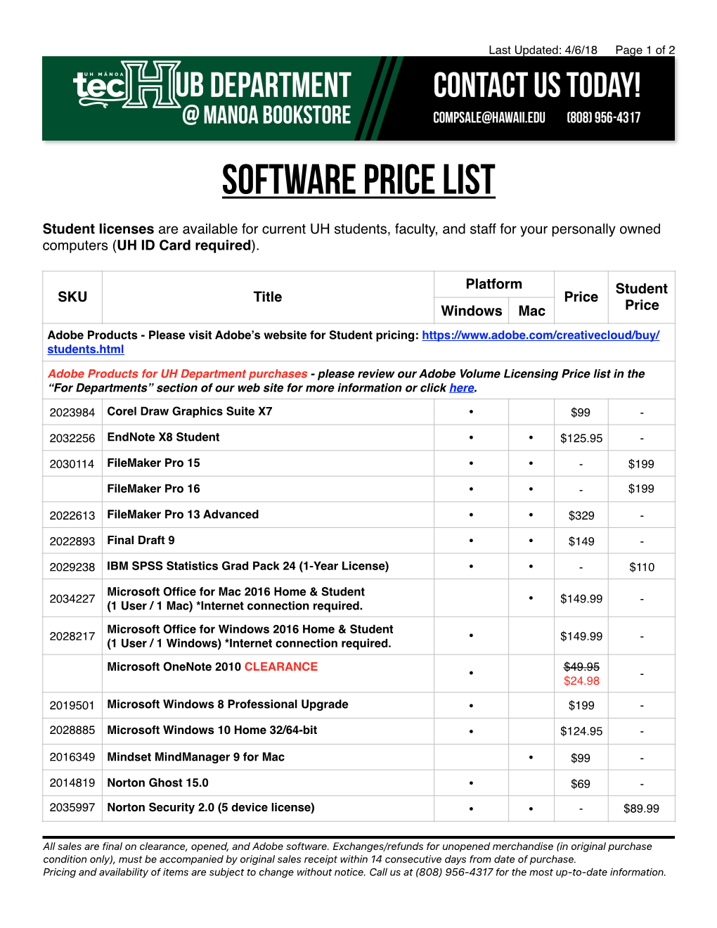 Software Price List