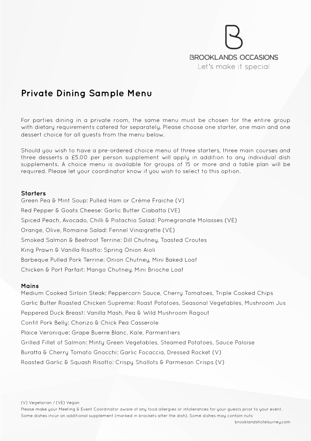 Private Dining Sample Menu