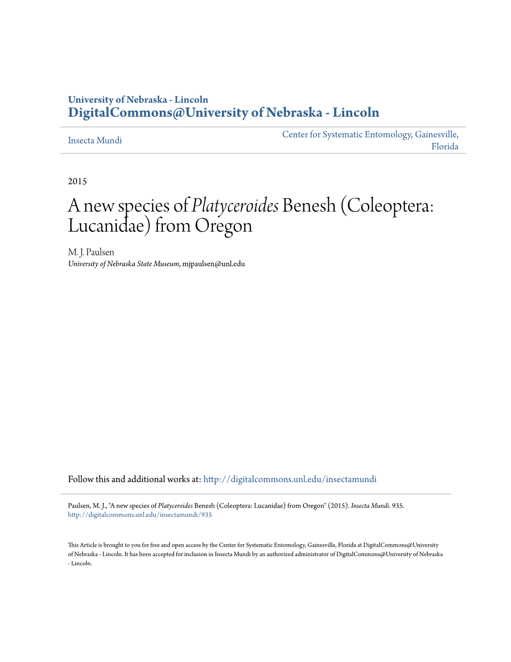 A New Species of Platyceroides Benesh (Coleoptera: Lucanidae) from Oregon M