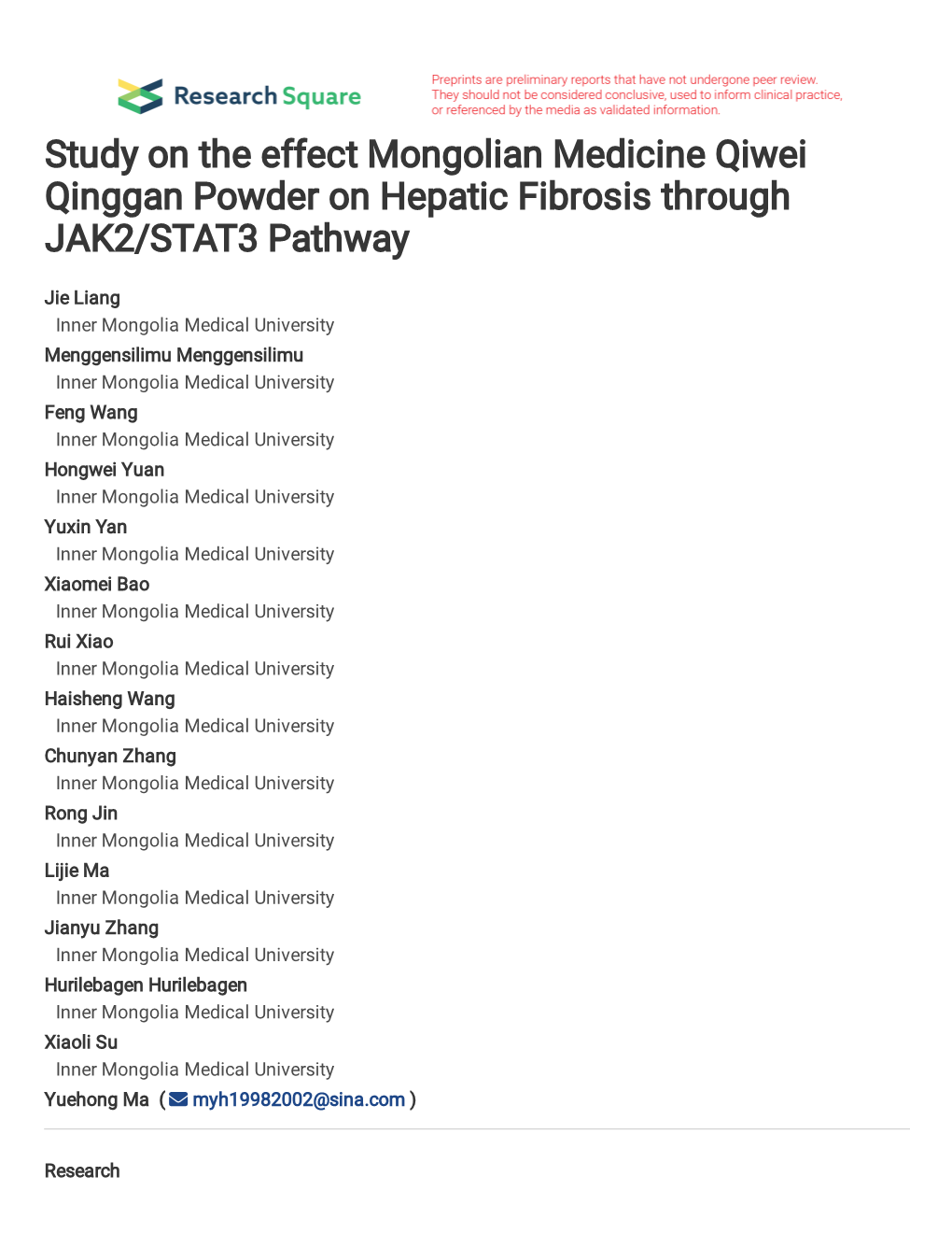 Study on the Effect of Mongolian Medicine Qiwei Qinggan Powder on Hepatic Fibrosis Through JAK2/STAT3 Pathway