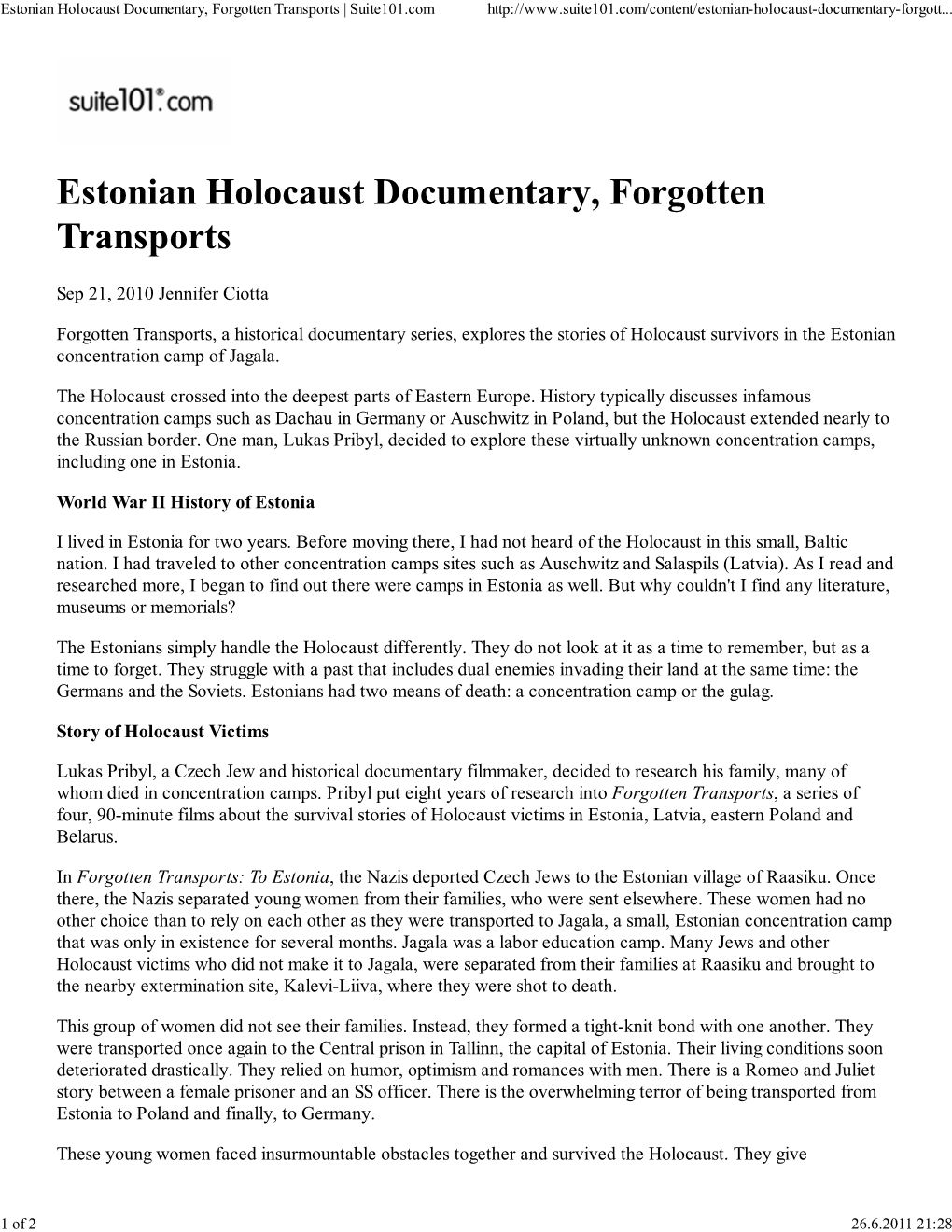 Estonian Holocaust Documentary, Forgotten Transports | Suite101.Com