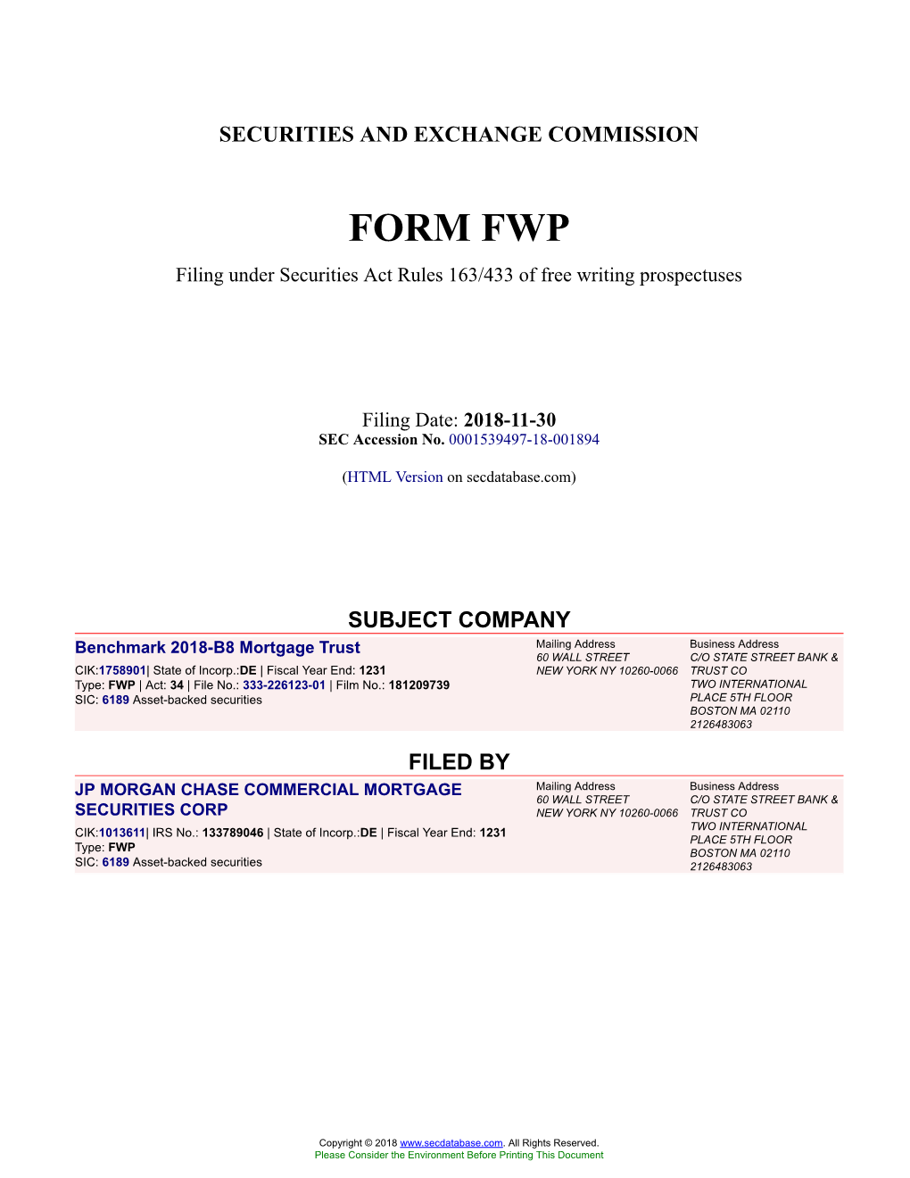 Benchmark 2018-B8 Mortgage Trust Form FWP Filed 2018-11-30