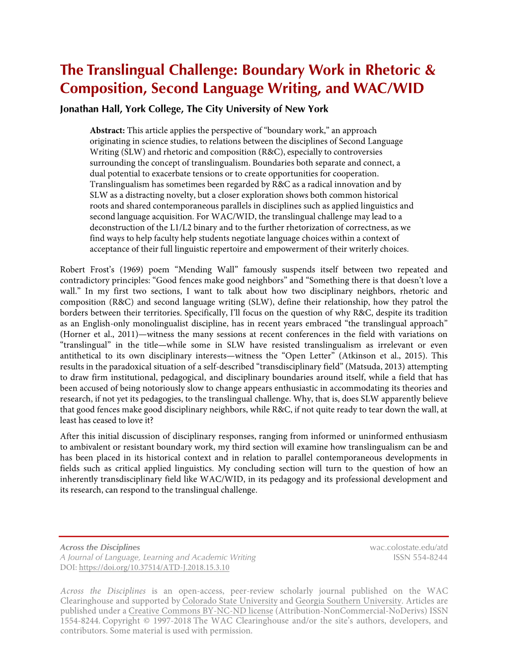 Boundary Work in Rhetoric & Composition, Second Language