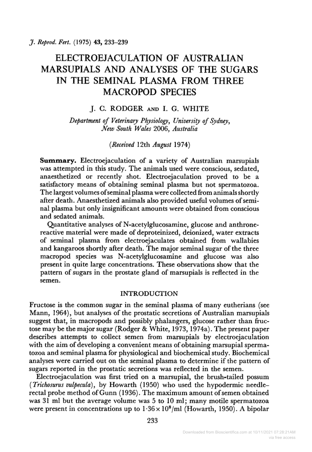 Electroejaculation of Australian Marsupials and Analyses of the Sugars in the Seminal Plasma from Three Macropod Species