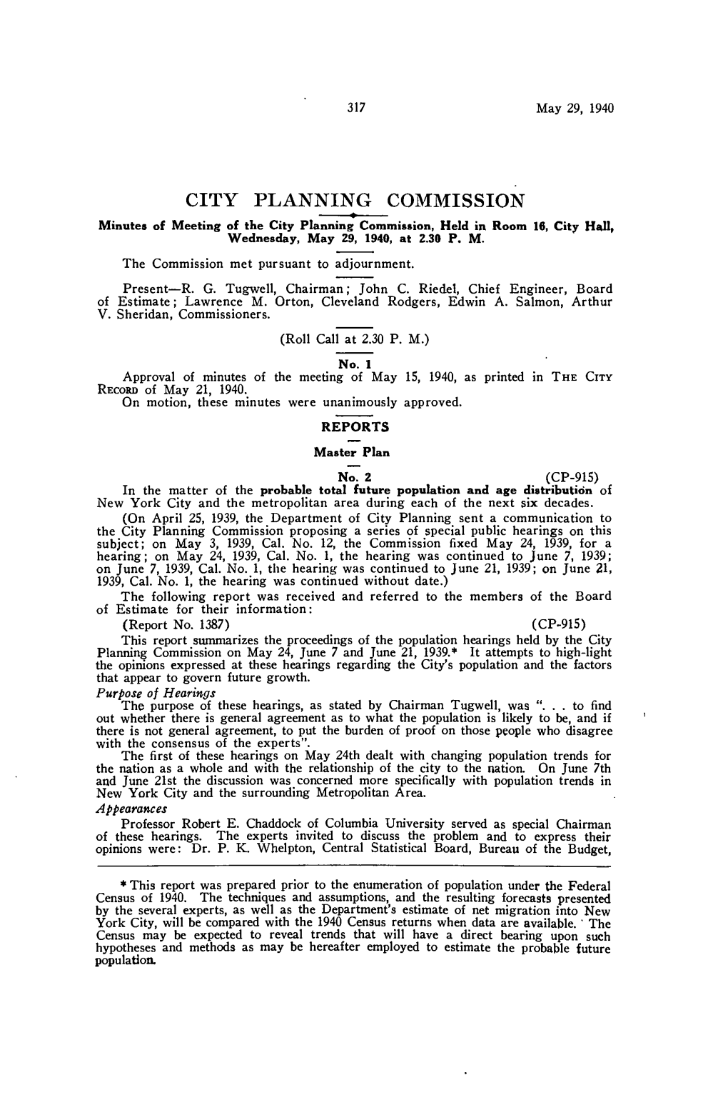 CITY PLANNING COMMISSION Minutes of Meeting of the City Planning Commission, Held in Room 16, City Hall, Wednesday, May 29, 1940, at 2.30 P