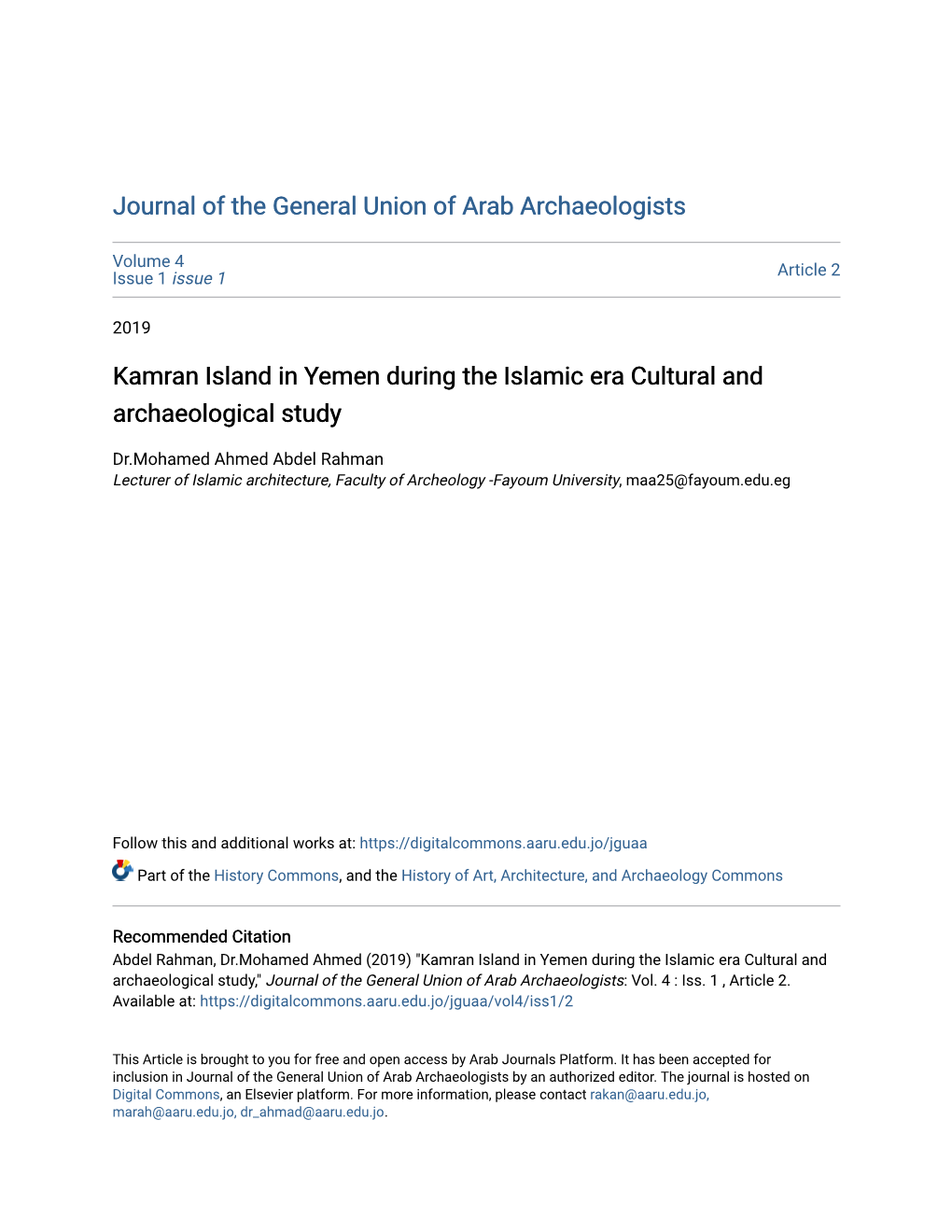 Kamran Island in Yemen During the Islamic Era Cultural and Archaeological Study