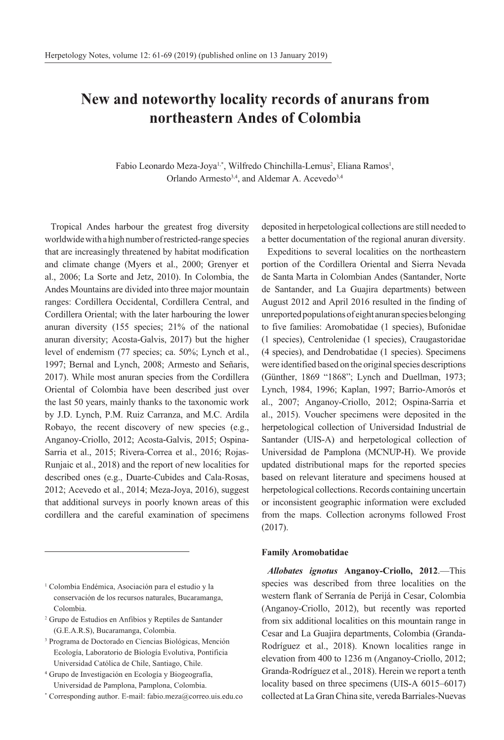 New and Noteworthy Locality Records of Anurans from Northeastern Andes of Colombia