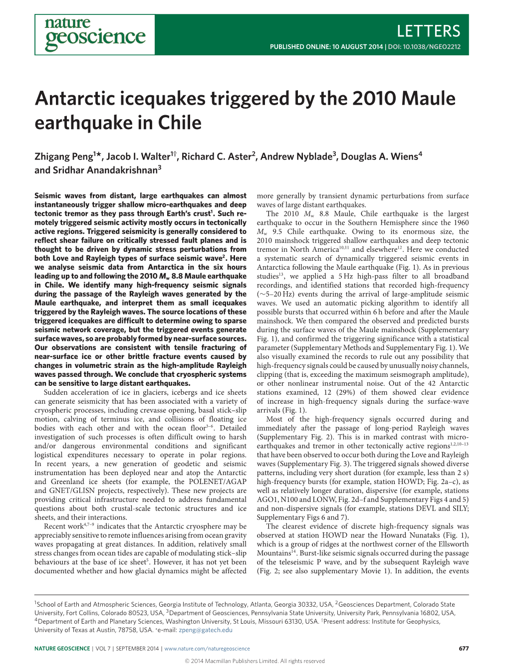 Antarctic Icequakes Triggered by the 2010 Maule Earthquake in Chile