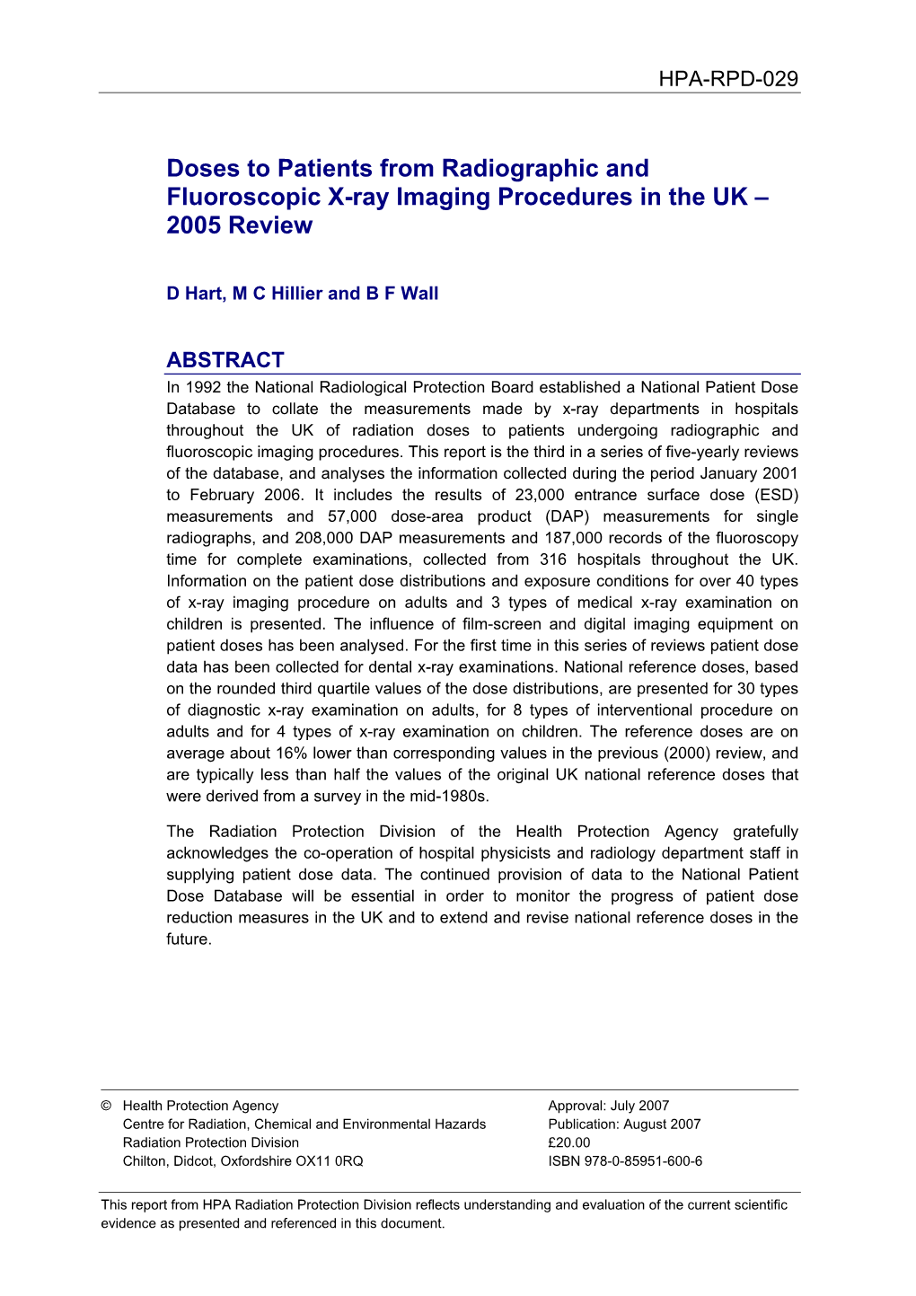Doses to Patients from Radiographic and Fluoroscopic X-Ray Imaging Procedures in the UK – 2005 Review