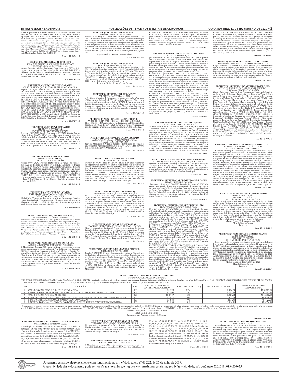 Minas Gerais - Caderno 2 Publicações De Terceiros E Editais De Comarcas Quarta-Feira, 11 De Novembro De 2020 – 5 E 30913 Que Foram Frustrados