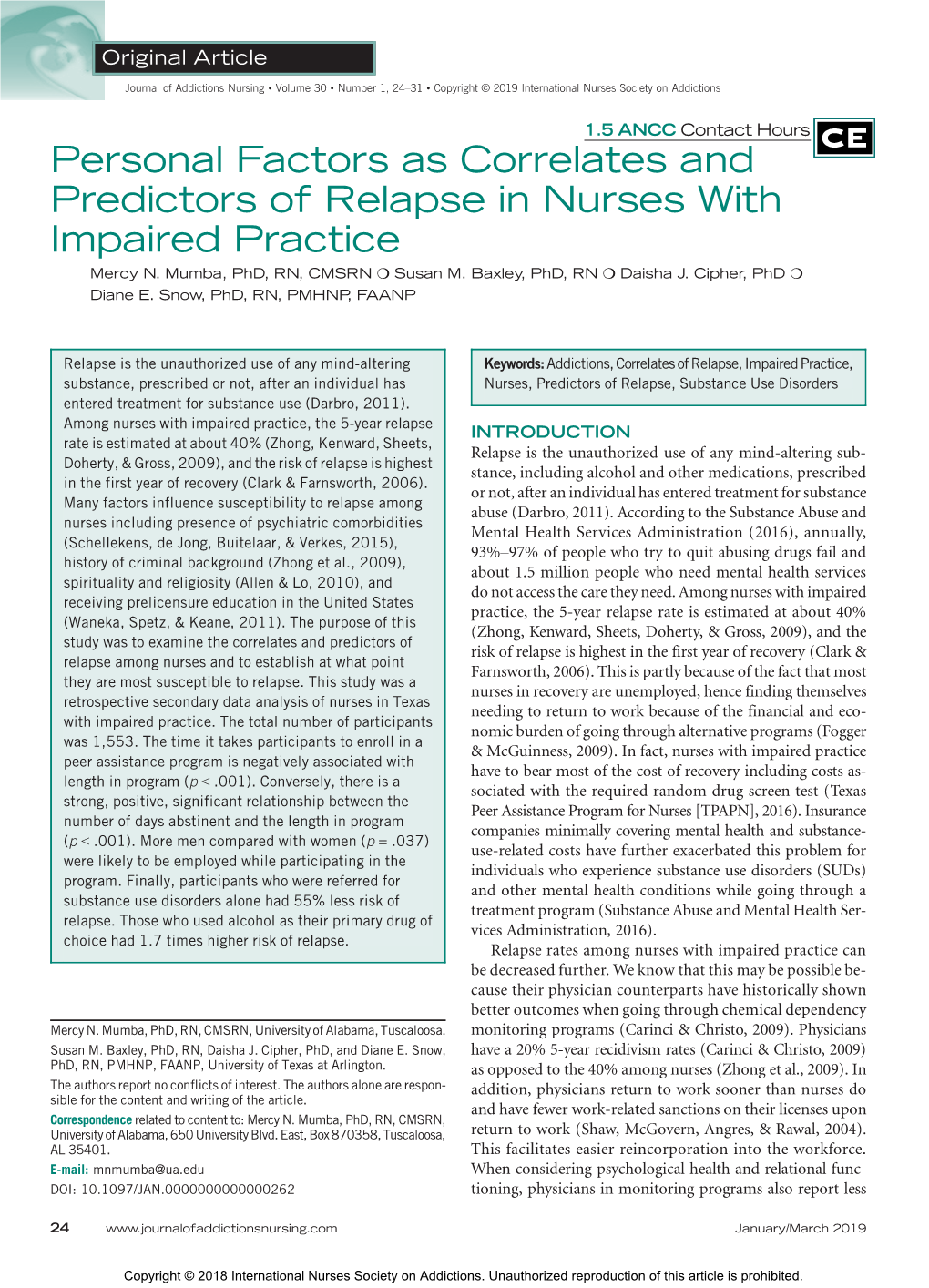 Personal Factors As Correlates and Predictors of Relapse in Nurses with Impaired Practice Mercy N