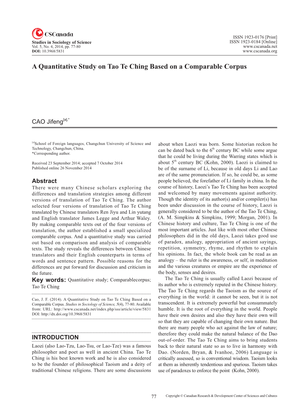 A Quantitative Study on Tao Te Ching Based on a Comparable Corpus