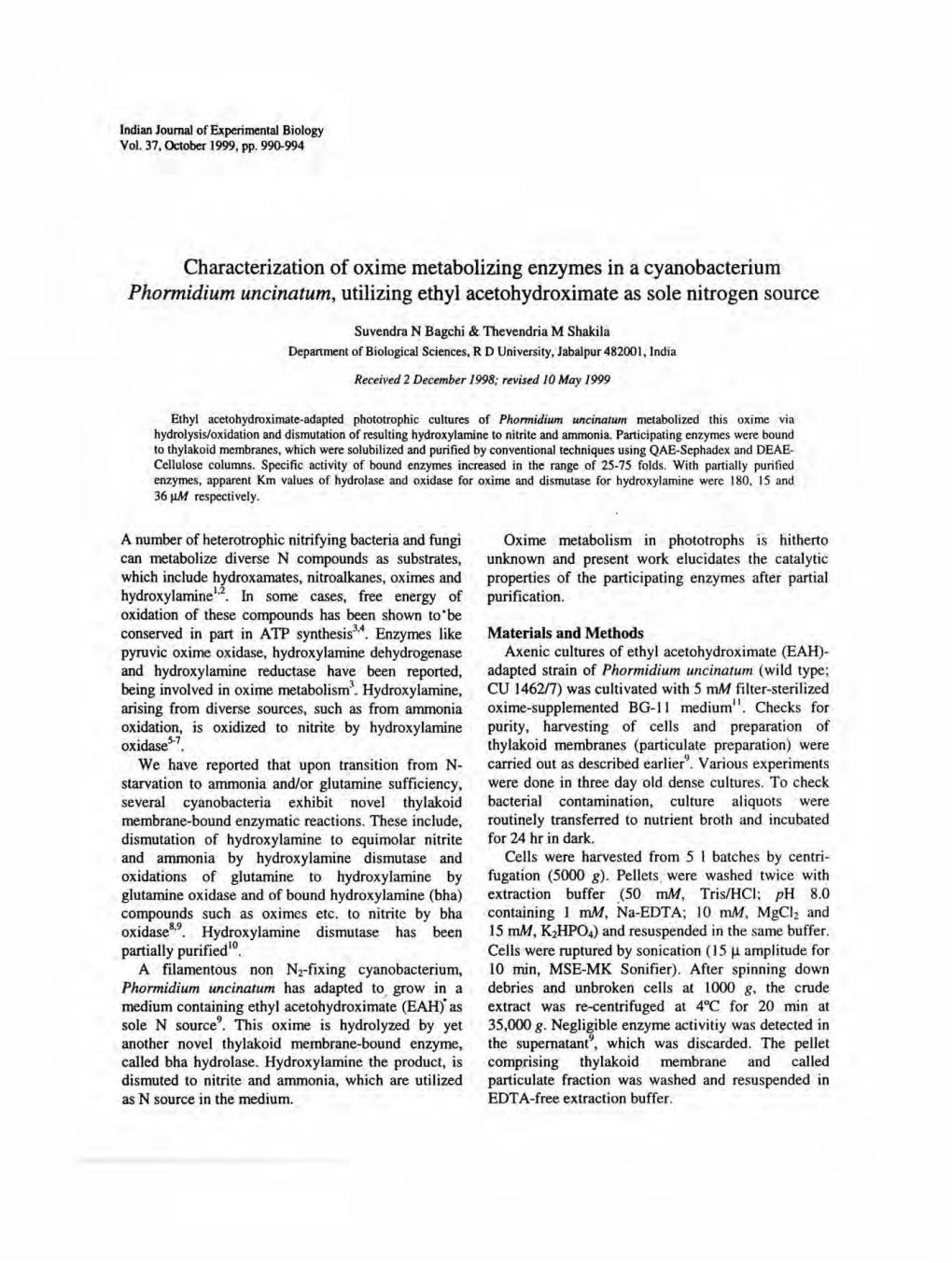 Characterization of Oxime Metabolizing Enzymes in a Cyanobacterium Phormidium Uncinatum, Utilizing Ethyl Acetohydroximate As Sole Nitrogen Source