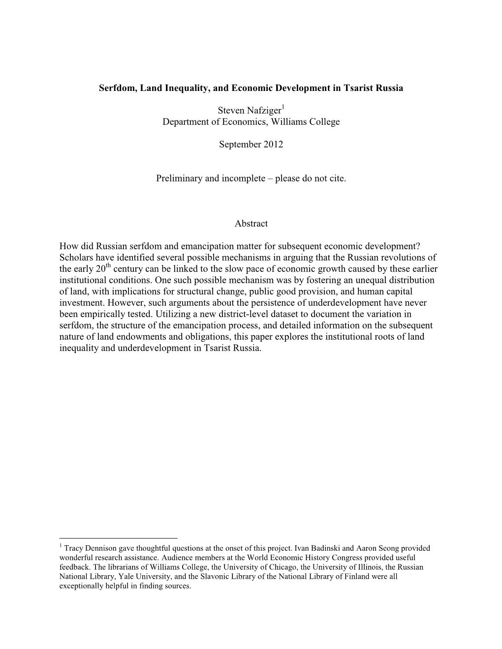 Serfdom, Land Inequality, and Economic Development in Tsarist Russia