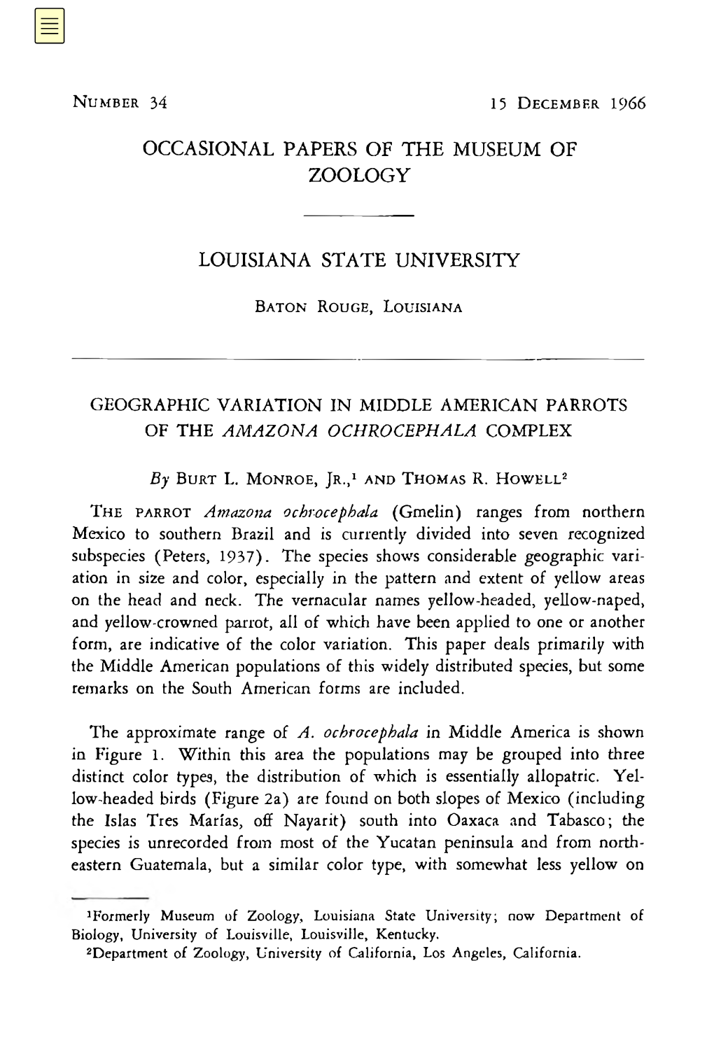 Geographic Variation in Middle American Parrots of the Amazona Ochrocephala Complex