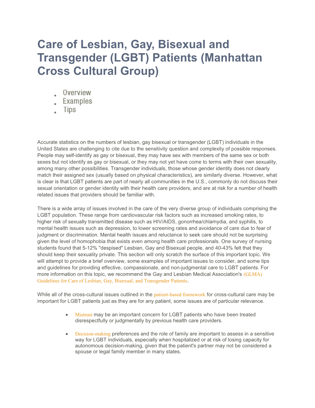 Care of Lesbian, Gay, Bisexual and Transgender (LGBT) Patients (Manhattan Cross Cultural Group)