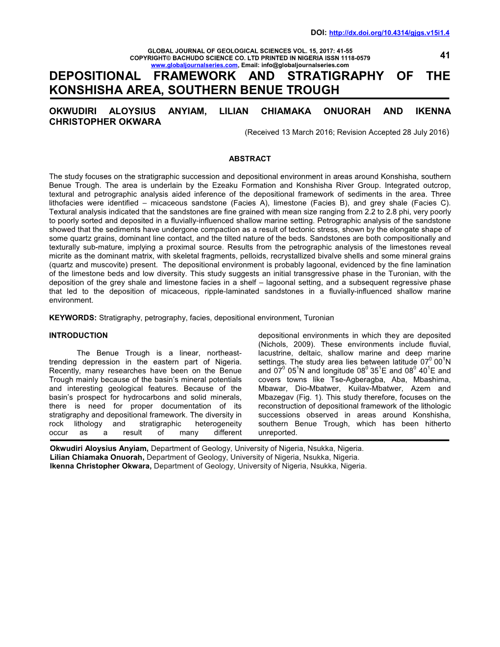 Depositional Framework and Stratigraphy of the Konshisha Area, Southern Benue Trough