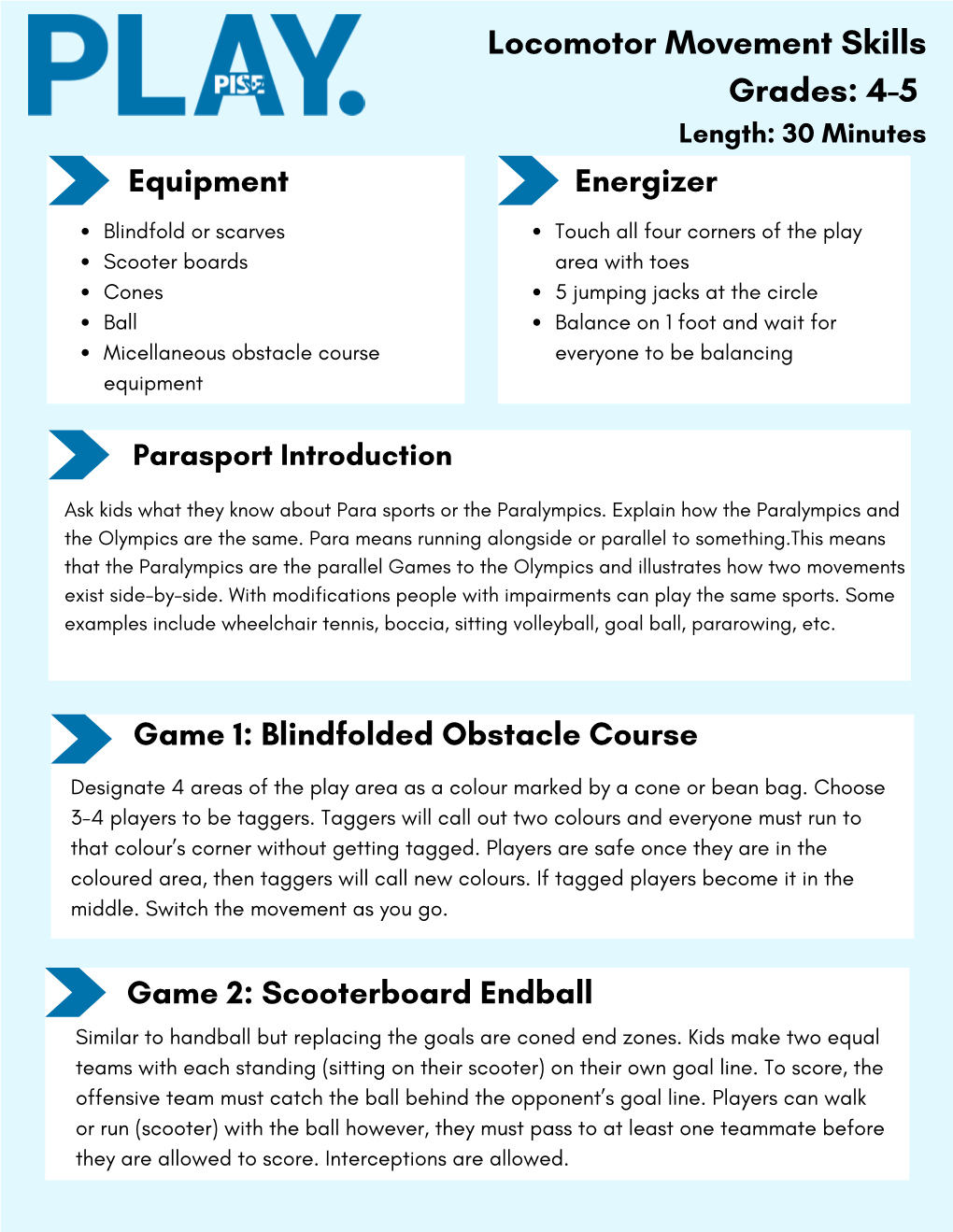 Locomotor Movement Skills Grades: 4-5 Length: 30 Minutes Equipment Energizer