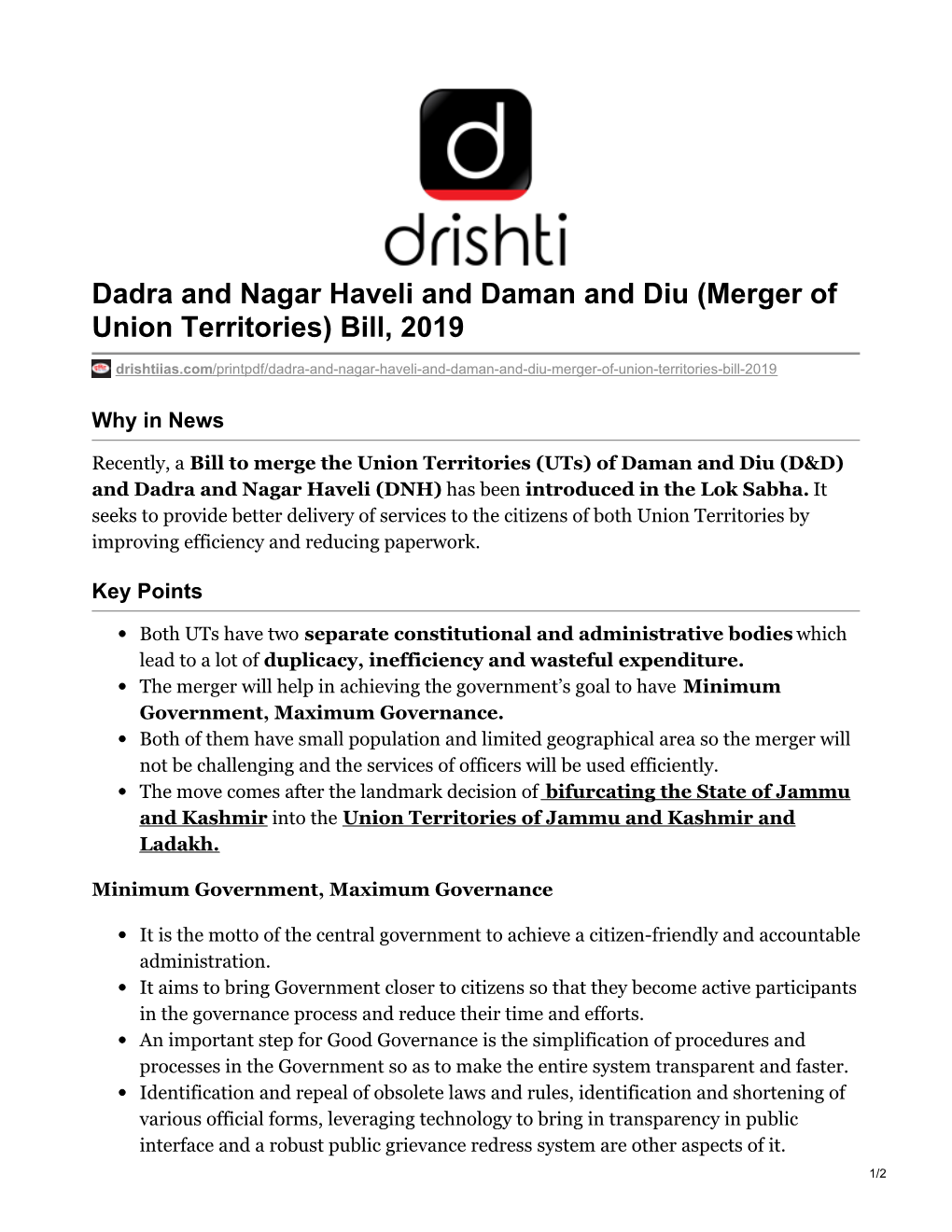 Dadra and Nagar Haveli and Daman and Diu (Merger of Union Territories) Bill, 2019