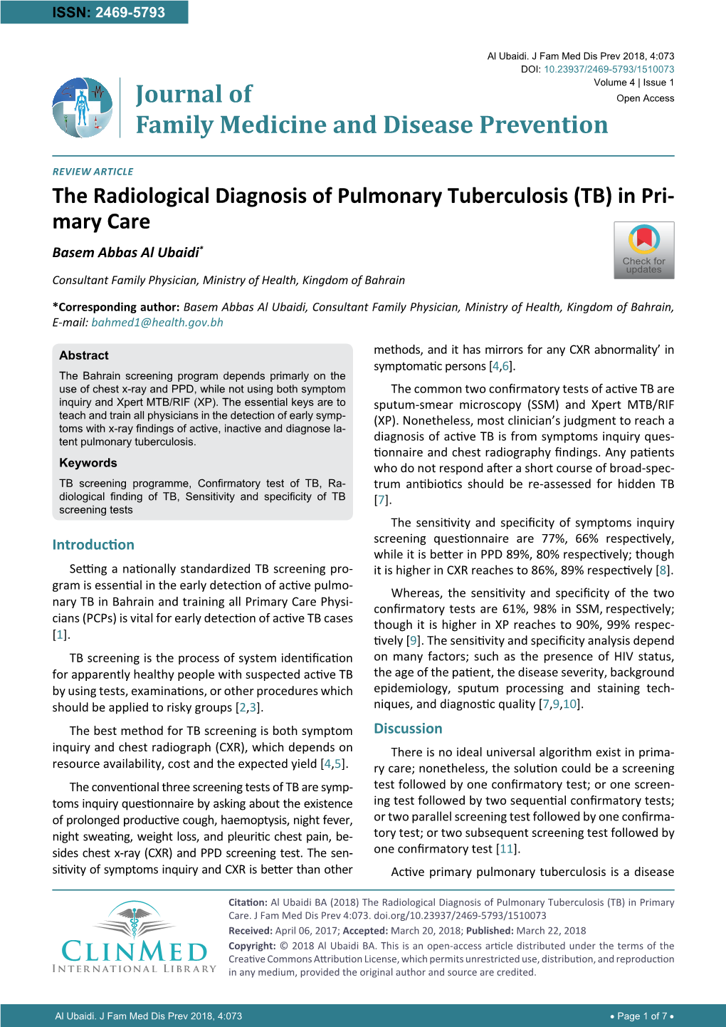 The Radiological Diagnosis of Pulmonary Tuberculosis (TB) In