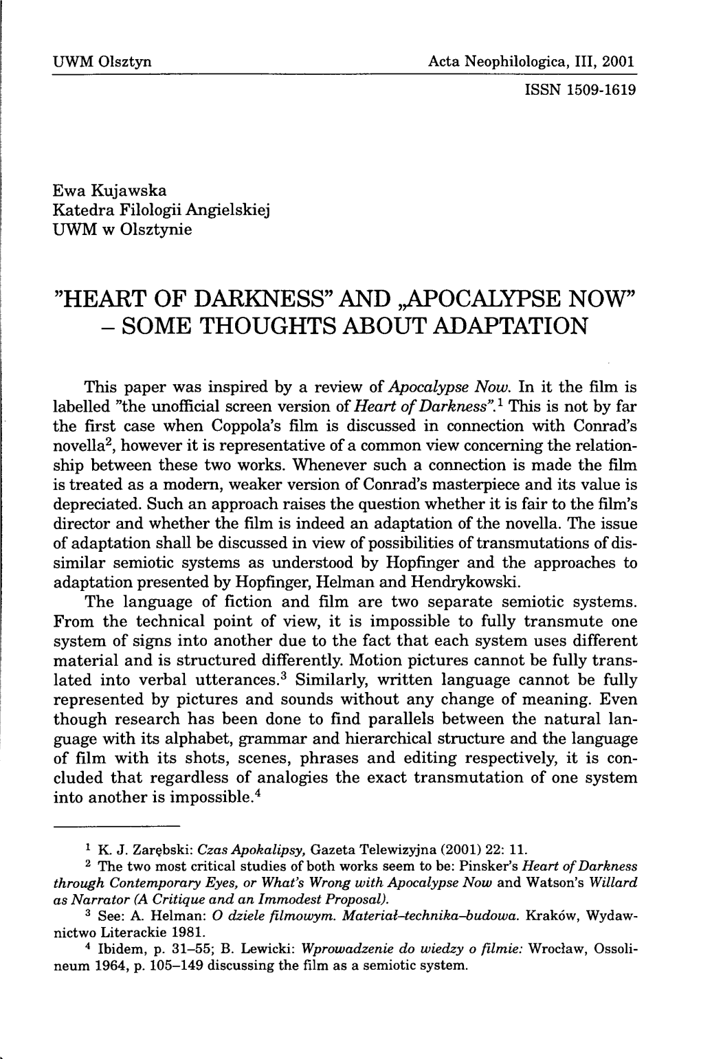 Heart of Darkness” and ,Apocalypse Now” - Some Thoughts About Adaptation