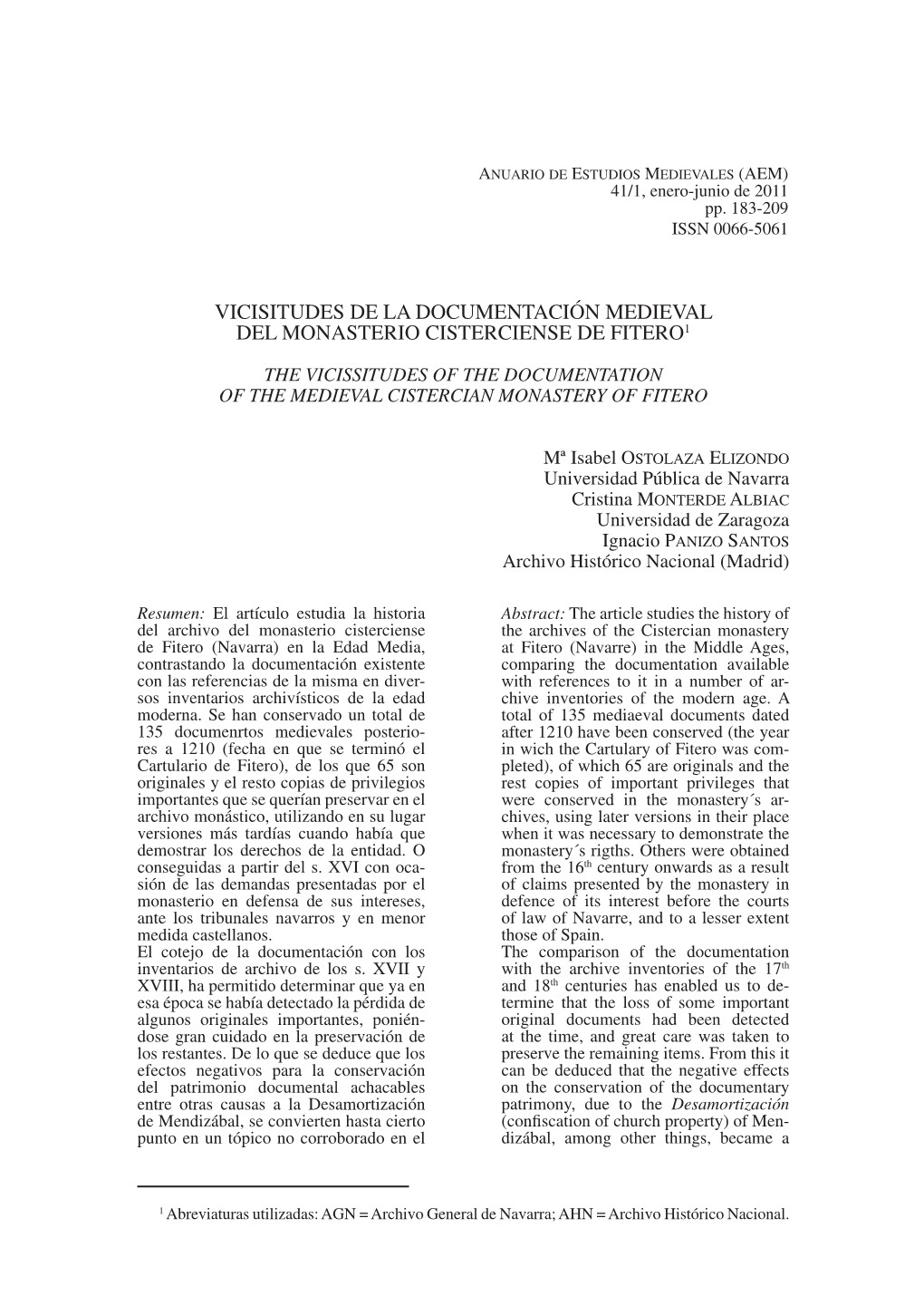 Vicisitudes De La Documentación Medieval Del Monasterio Cisterciense De Fitero1