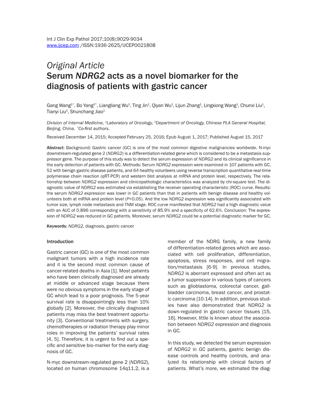 Original Article Serum NDRG2 Acts As a Novel Biomarker for the Diagnosis of Patients with Gastric Cancer