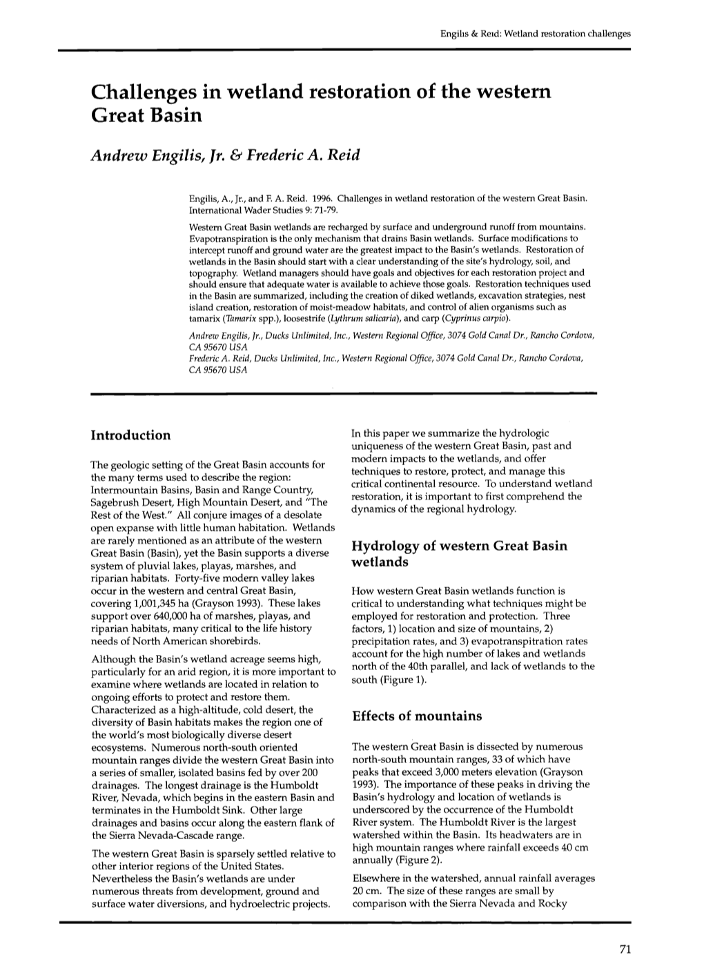 Challenges in Wetland Restoration of the Western Great Basin