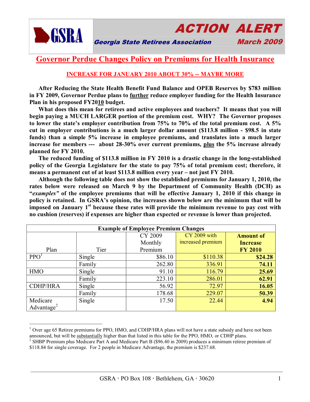 ACTION ALERT Georgia State Retirees Association March 2009